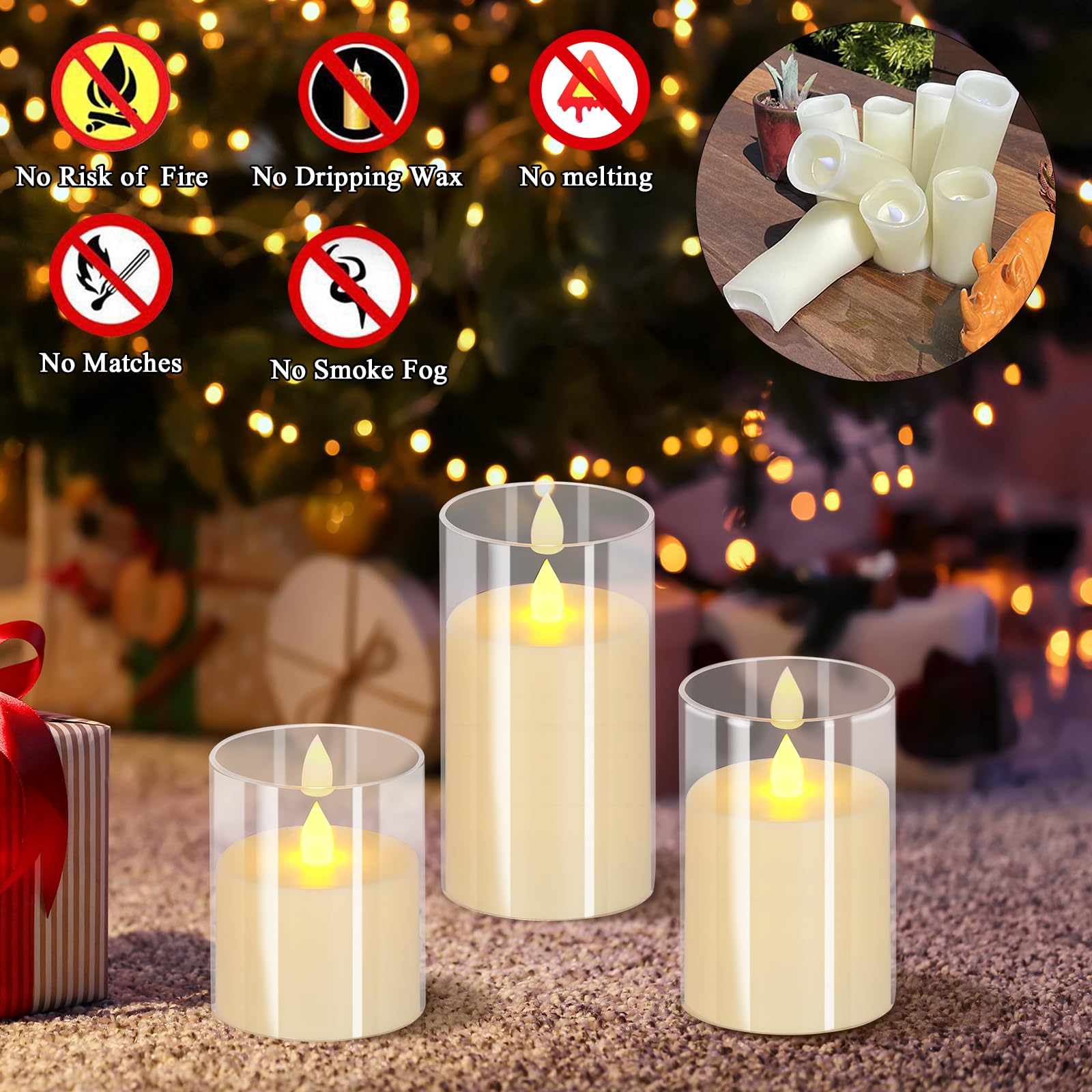 Flameless Candles 4'' 5'' 6'' Acrylic Glass Pillars 3'' Diameter Battery Operated Flickering Candles Include Remote With 24Hour